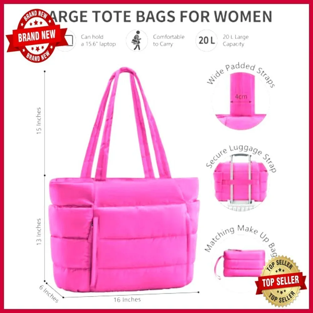 Puffer Tote Bag with Laptop Sleeve and Tumbler Holder, Lightweight Work Travel